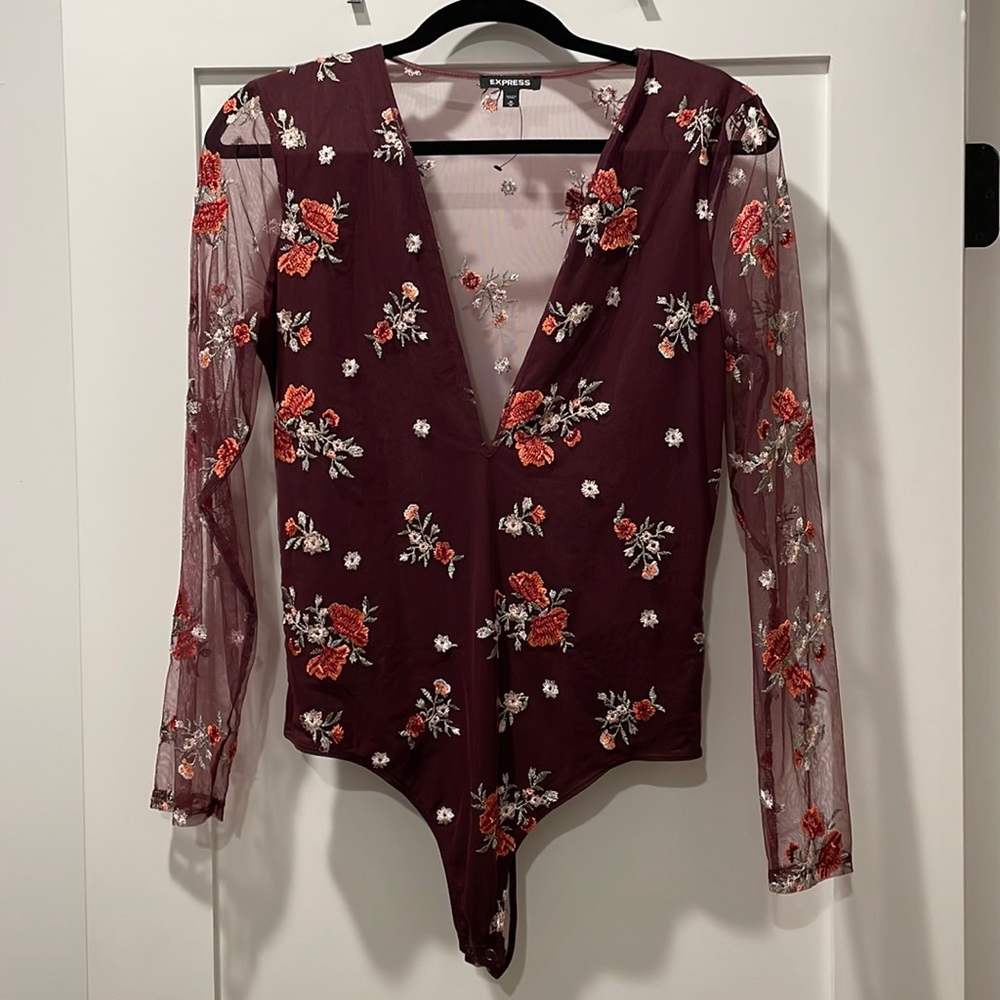 Express Burgundy Floral Mesh Bodysuit
